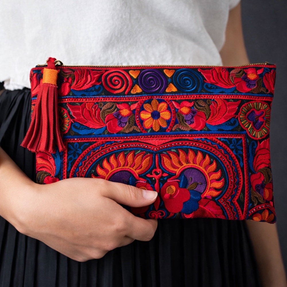 Trades of Hope Colorful Embroidered Scarlet Clutch with Tassel NWT